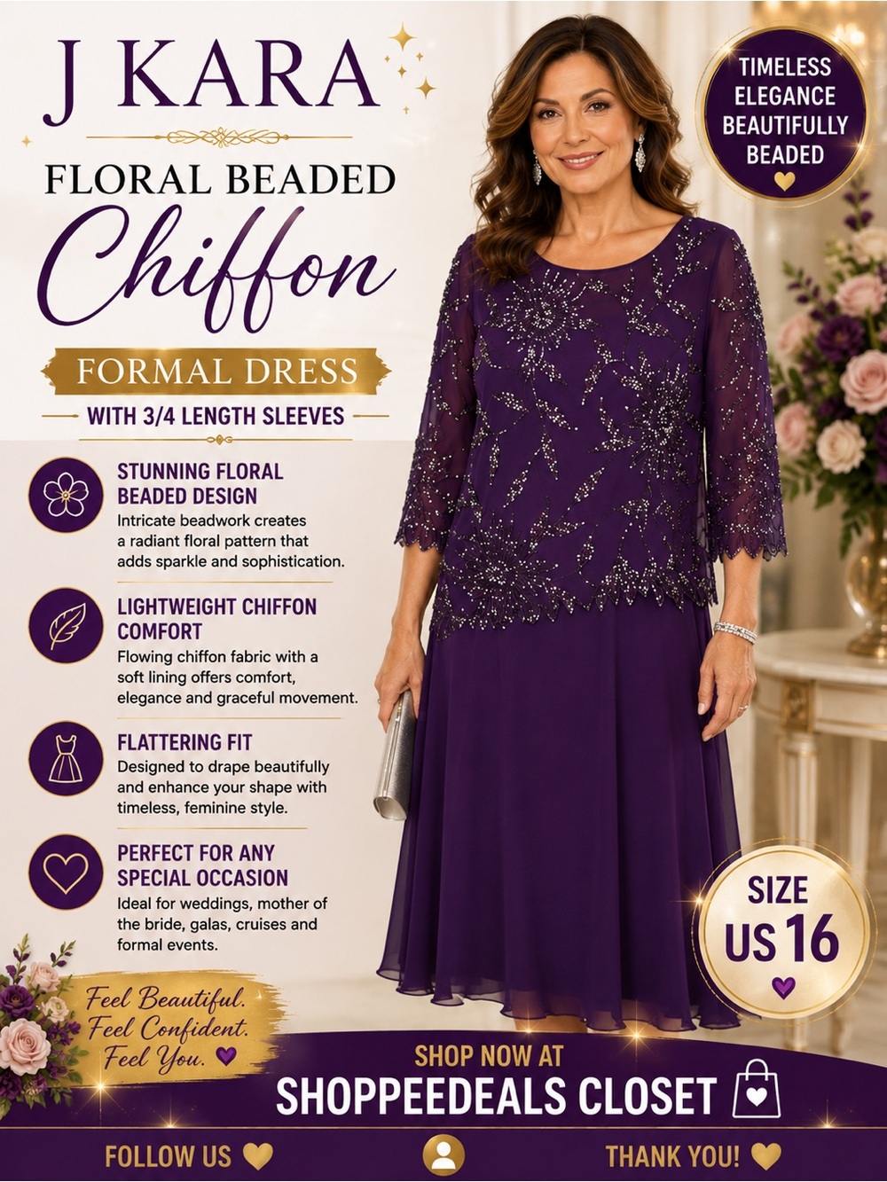 J Kara Floral Beaded Chiffon Formal Dress – Plum Purple – Size 16